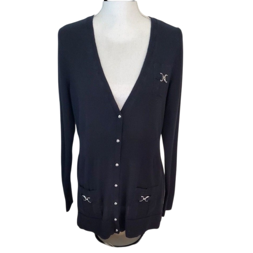 White House Black Market Black Long Sleeve Cardigan with Silver Accents Size L